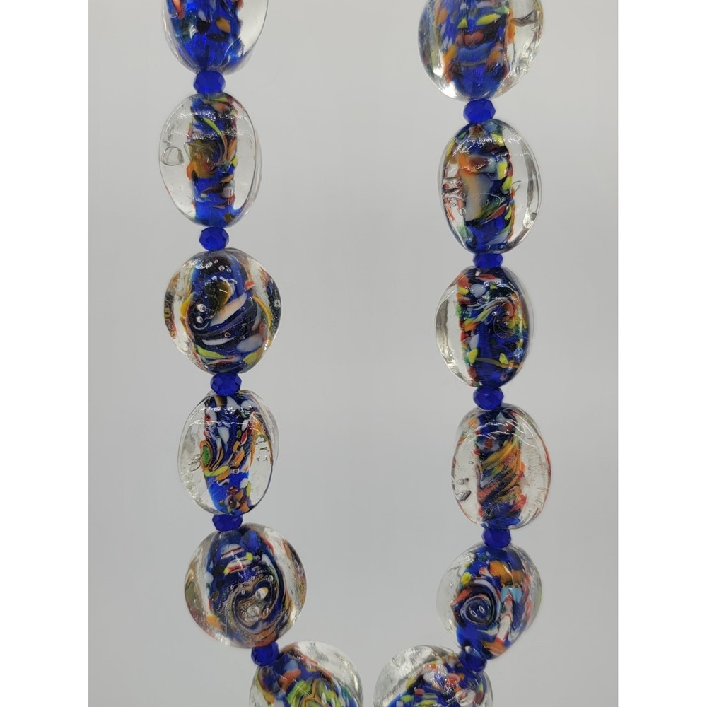 Art Glass Beaded Necklace Blue Swirl Confetti Murano Style 20" - Picture 2 of 7